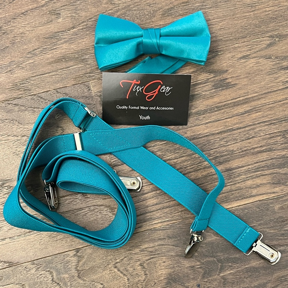 Kids Teal Green Suspenders and Bow Tie Set - Never Worn